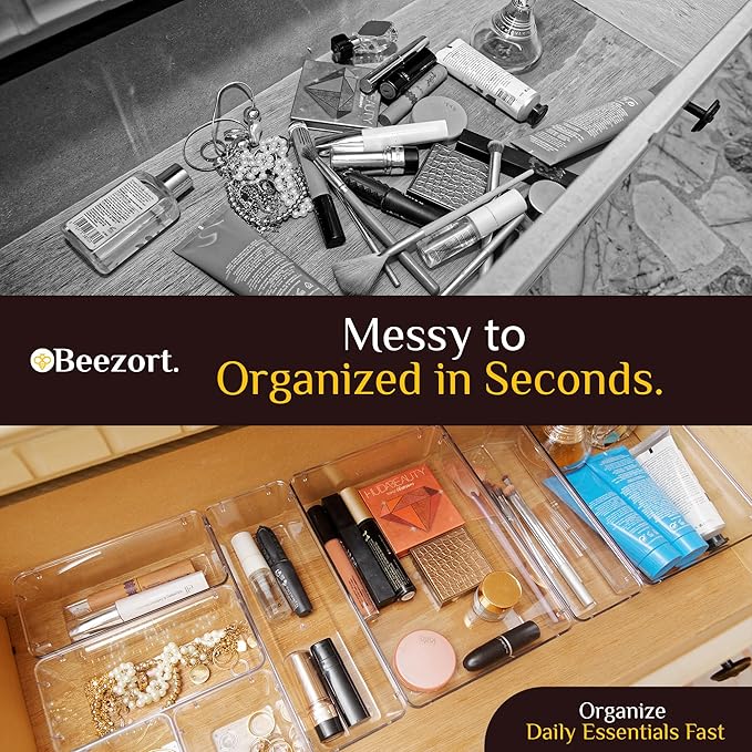 40 PCS Clear Drawer Organizer Set, BPA-Free PET Plastic Trays with Non-Slip Pads, Nesting Storage Organizers for Kitchen Drawer, Bathroom, Vanity Makeup, Office Desk