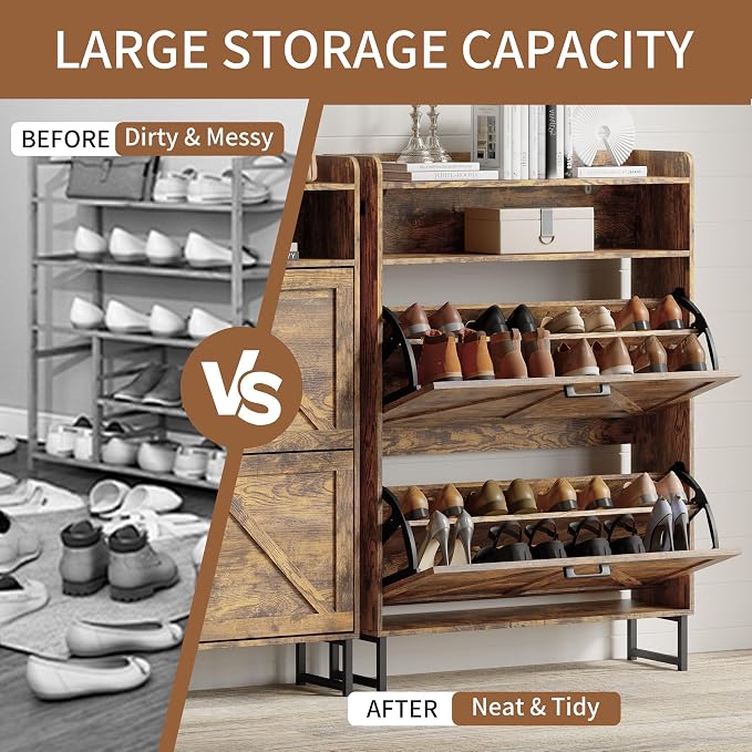 Xixini Shoe Storage Cabinet with 2 Flip Drawers, Entryway Shoe Rack, Brown | Freestanding Narrow Shoe Storage, Hidden Slim Wood Shoe Organizer, Modern Farmhouse, Open Storage & Hooks for Closet, Hallway