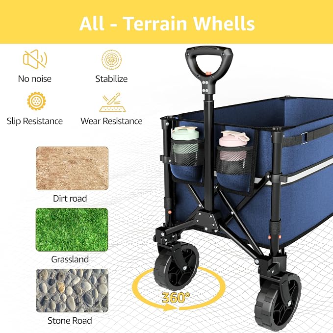 ROSONG Collapsible Wagon Cart with Wheels Foldable - Folding Utility Heavy Duty Wagons Carts for Grocery Sports Garden Shopping Camping Wheelbarrows (Navy Blue, 120L)