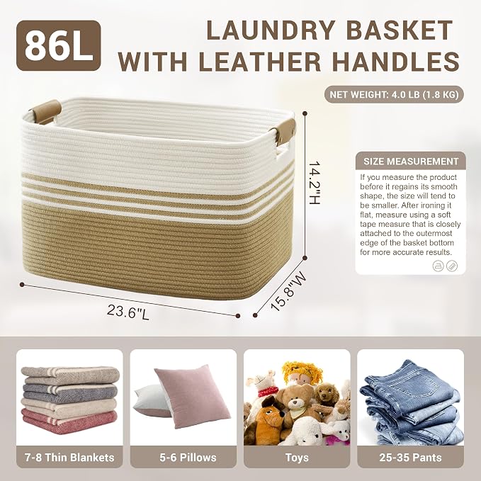 86L Large Woven Laundry Basket Hamper with Leather Handles,Khaki | collapsible wicker hamper, storage for dirty clothes, toys, blankets, gifts, living room, bedroom, bathroom, 24"x16"x14"