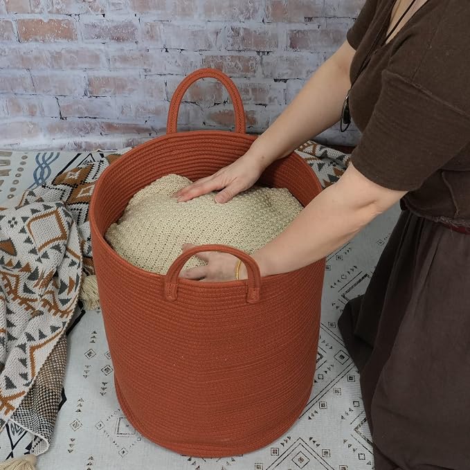 XUANGUO Cotton Rope Laundry Basket Hamper for Clothes Large Rust Red | Baby Nursery Hamper Bin and Woven Storage Basket for Living Room Bedroom Boho Tall Rope Baskets Blankets Toys Pillows Towels
