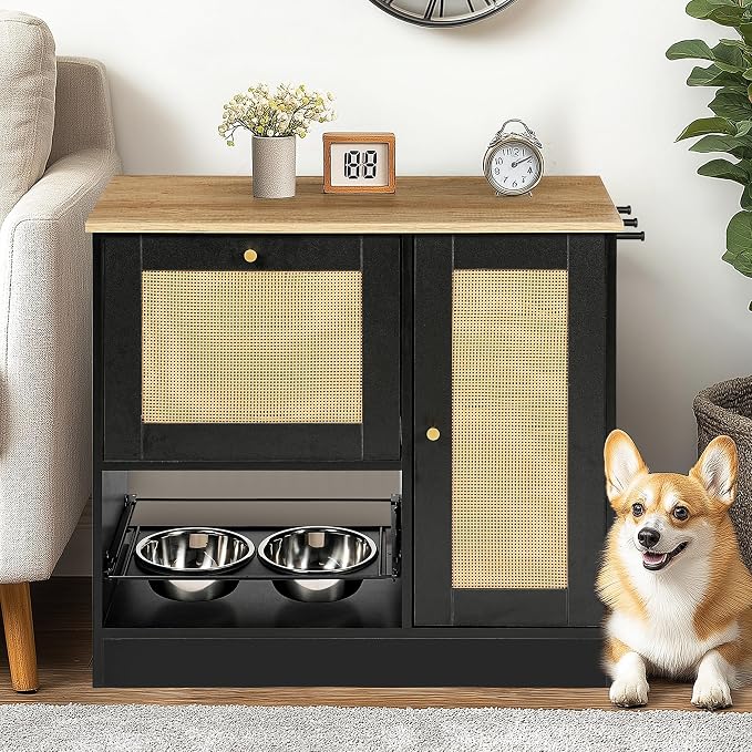 Pet Feeding Station with Elevated Bowls, Pull Out Drawer, Rattan Doors, Side Hooks, Anti Tip Kit, Adjustable Shelves, Hidden Food Water Stand, Organizer for Dog Cat Supplies Indoor Home