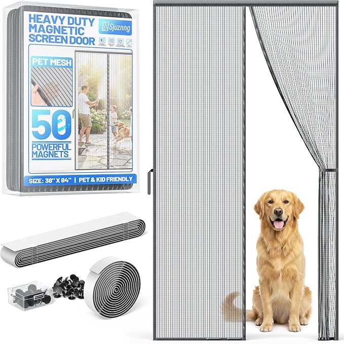 Heavy Duty Magnetic Screen Door Mesh, Door Net Screen with 50 Magnets | Pet & Kid Friendly, Auto-Sealing PET Fine Mesh Doors Screen Keep Bugs Out Fits Front Doors Size 36"x82" - Screen Size 38"x84"