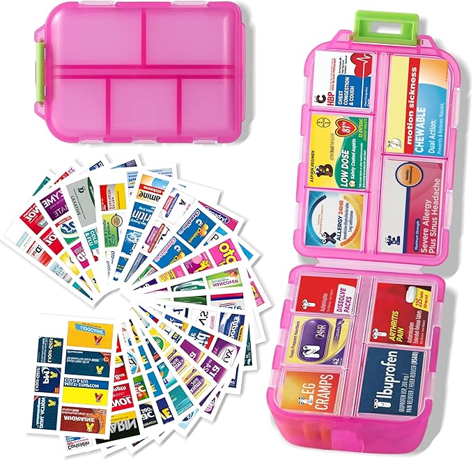 Large Pill Organizer with 161 Medicine Labels, Travel Pill Case | Pink Large pill case with 10 compartments and 161 medicine labels for 7-day planning, vitamins, supplements, daily use