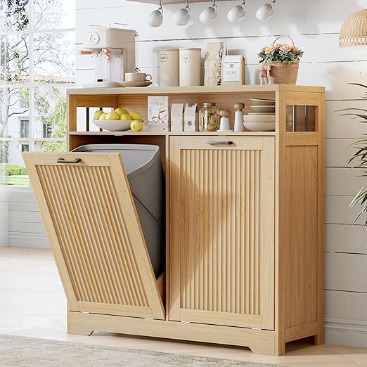 13 Gallon Double Tilt Out Trash Can Cabinet with Open Shelf & Storage - Pet Proof Hidden Recycling Cabinet & Wooden Laundry Hamper for Kitchen, Bathroom, Living Room, Natural Wood