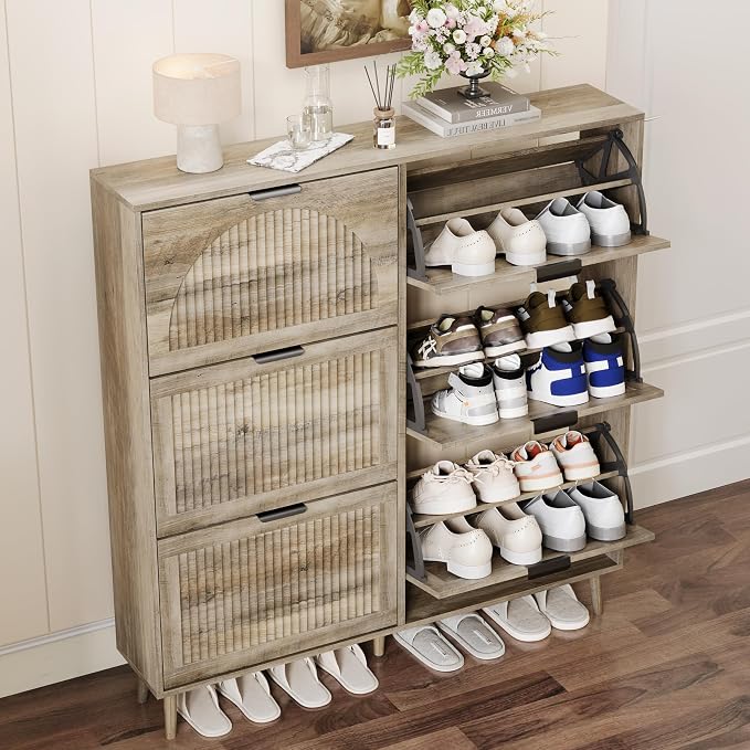 Shoe Storage Cabinet with 6 Flip Drawers, Narrow Wood Shoe Organizer Cabinet with Fluted Panel, Slim Shoe Rack for Entryway, Freestanding Shoe Cabinet for Living Room, Hallway, Grey