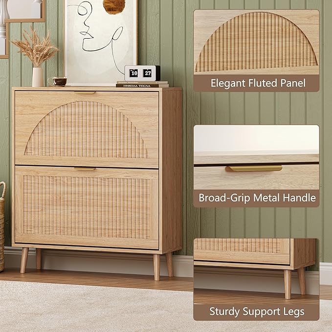 BORNOON Shoe Cabinet for Entryway with 2 Flip Drawers, Slim Wooden Shoe Storage Organizer with Modern Fluted Pannel，Freestanding Narrow Hidden Shoe Rack for Hallway, Foyer, Living Room