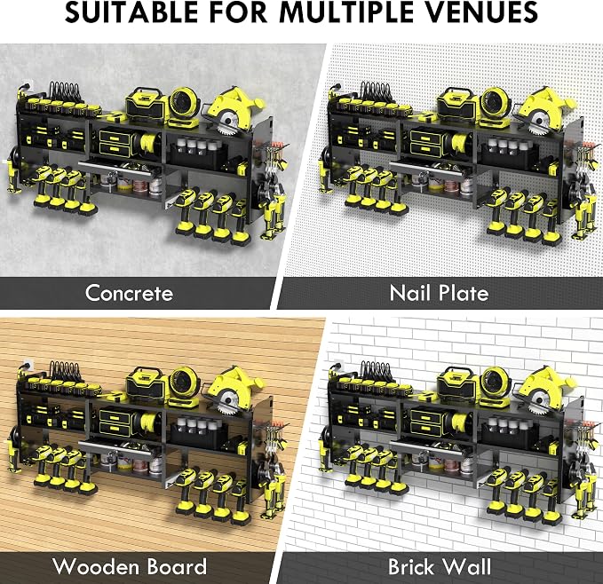 KSVO Large Power Tool Organizer Wall Mount with Locking Drawers, Black | Grinder Holder, Hammer & Pliers Rack, 6-Outlet Charging Shelf, Heavy-Duty Metal Storage for Garage & Workshop