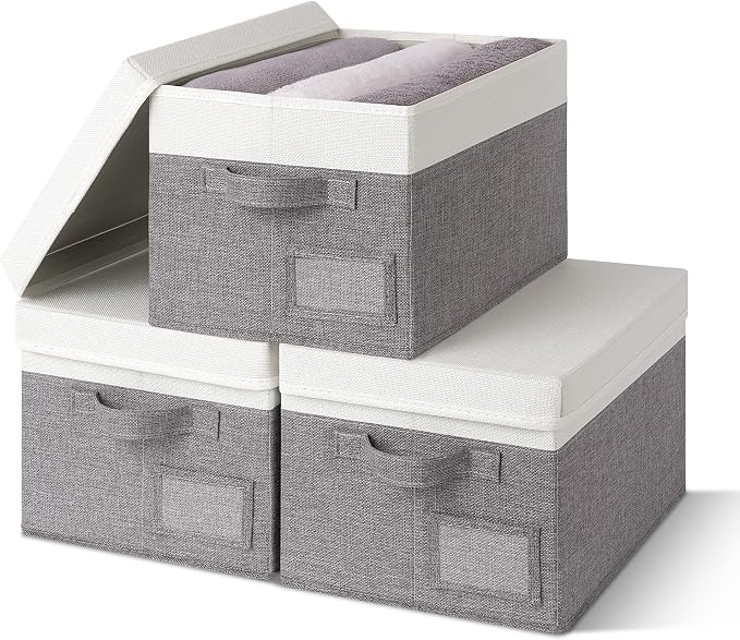 GRANNY SAYS Storage Bins with Lids, Decorative Storage Boxes with Lids | Storage Box with Dust Cover, Handles & Lable, Collapsible, Ideal for Closet Clothes Blanket Toys, Medium, White&Gray, 3-Pack