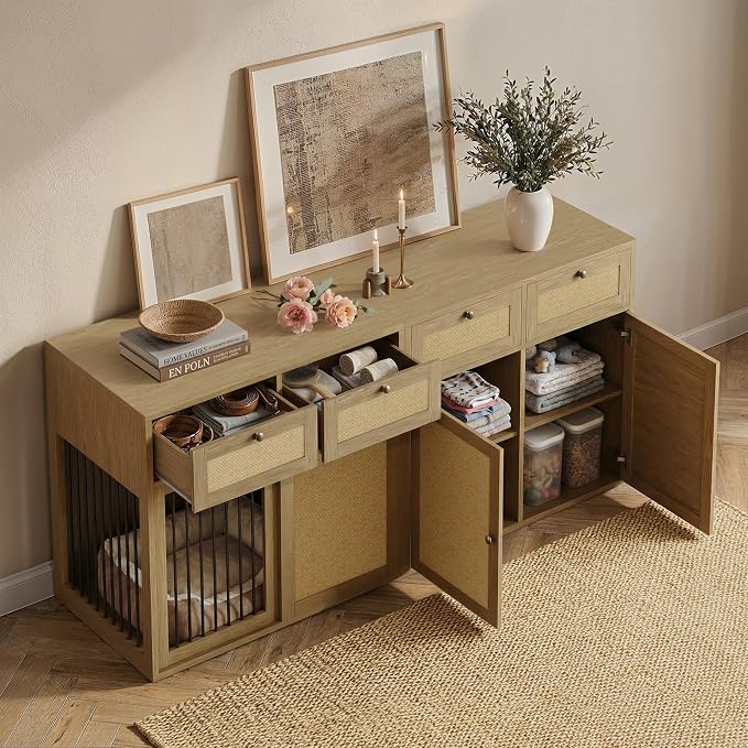 PureCozy 2-Piece Dog Crate Furniture, Left, 80 Inch, Light Oak | Left-unit kennel with metal sliding door plus cane storage cabinet and 4 total drawers; furniture-style indoor console.