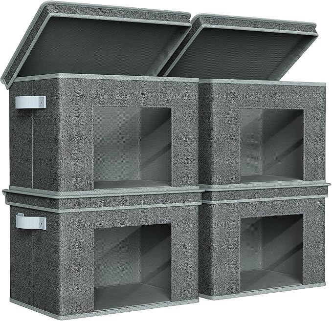 Univivi Fabric Storage Bins with Lids for Closet, 4 Pack, Black | Large Foldable Storage Boxes, Sturdy Collapsible Storage Bins with Clear Window, Storage Bins for Home, Closet, Shelves