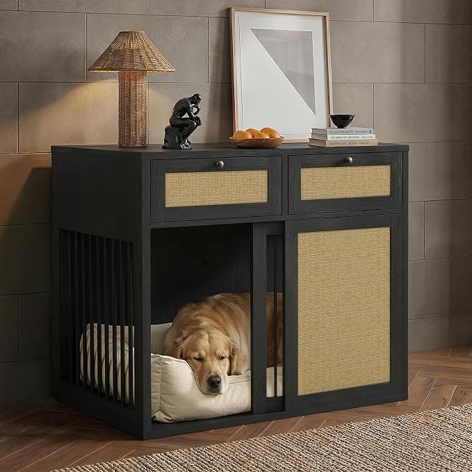 PureCozy Wooden Dog Crate Furniture, Left Unit, 40 Inch, Black Oak | Cane cabinet and metal sliding door with 2 storage drawers; furniture-style indoor kennel doubles as an end table.