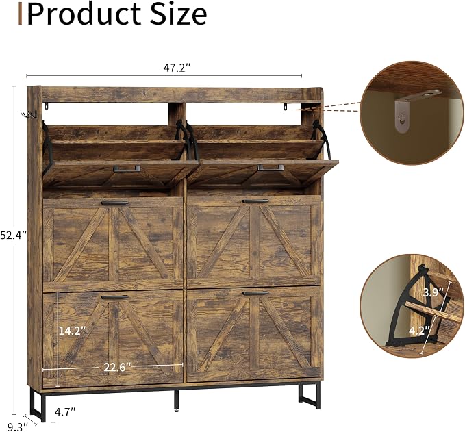 Xixini Shoe Storage Cabinet with 6 Flip Drawers, Entryway Shoe Rack, Brown | Freestanding Narrow Shoe Storage, Hidden Slim Wood Shoe Organizer, Modern Farmhouse, Open Storage & Hooks for Closet, Hallway