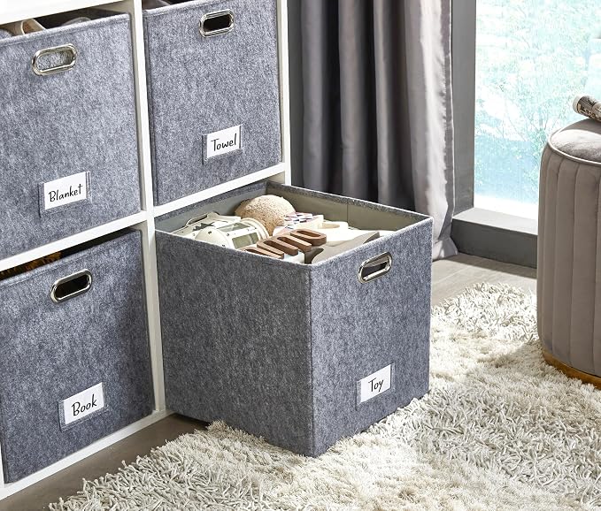 DECOMOMO Felt Storage Bins, 13x15x13 Storage Cube Bins with Labels | 3 Pack Storage Baskets for Shelves, Kallax (Dark Grey)