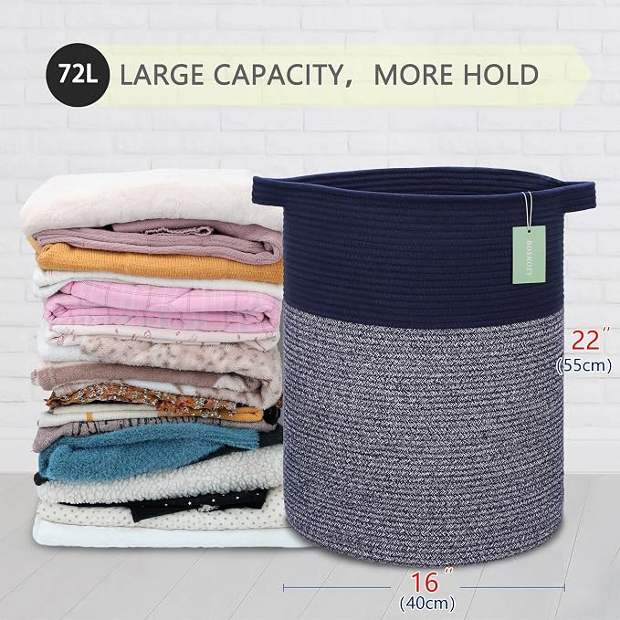 Cotton Rope Blanket Basket, 72L Tall Laundry Hamper, Navy Blue