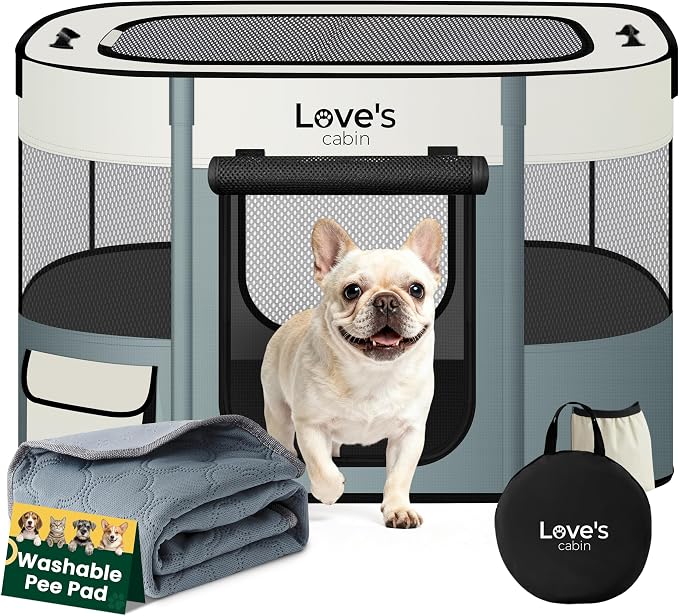 Love's cabin Dog Playpen Cat Puppy Pen, Portable Playpens for Pet Indoor/Outdoor Travel Camping, Foldable Kennel Tent Crate for Rabbits & Small Animals with Carrying Case (Gray Green with Pad, Small)