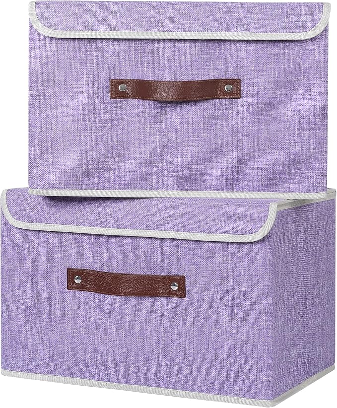 ANMINY Fabric Storage Box Bins with Lids, Purple, 13"x9"x7.9" | Keepsake Memory Storage, Cotton Linen, PP Board Reinforced, Washable, PU Handles, Foldable & Stackable, Decorative, Medium
