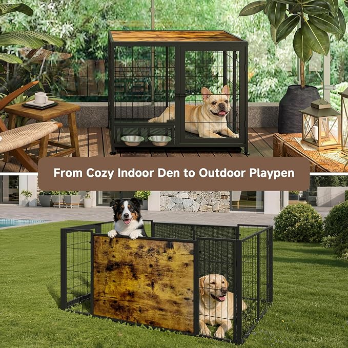 Heavy Duty Dog Crate for Medium Dogs, 3 in 1 37.8" Foldable Collapsible Dog Kennel & Playpen with Wheels & Feeding Bowls, Escape Proof Metal Dog Cage for Indoor Outdoor Use, Rustic Brown