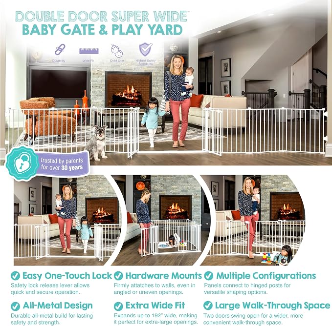 Regalo Safety 24"-192" Metal Double Door Baby Gate & Play Yard | Adjustable Playpen, For Doorways & Open Spaces, For Babies, Toddlers & Pets, White, Tested & Trusted for 30 Years