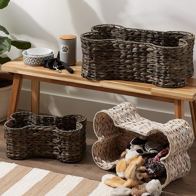 Bone Dry Pet Storage Collection, Bone Shape Hyacinth Toy Basket, White Wash, Large - 24x15x9"