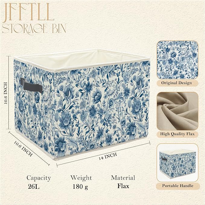 Chinoiserie Blue Floral Storage Bins with Handles, Retro Blue and White Wildflower Botanical Collapsible Laundry Basket Storage Box for Home Bedroom Bathroom Clothes Toys Books