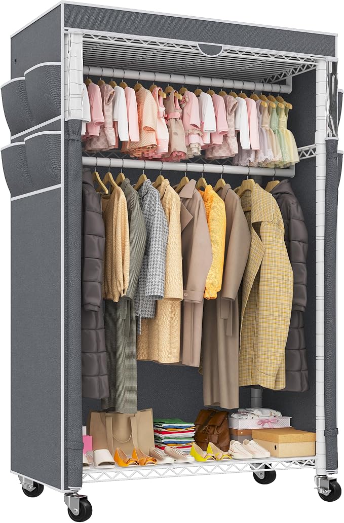 Raybee Clothes Rack with Cover, Rolling Portable Closet, 2 Rods & 2 shelves | Heavy Duty, Tool-free Assembly, Adjustable, Lockable Wheels, Freestanding, Covered, Zippered, Saving Space for Bedroom,Dorm