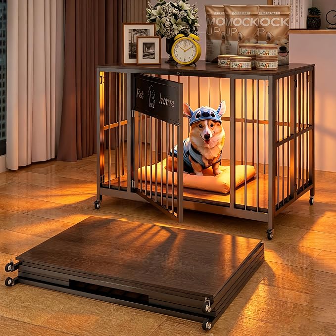 31.5" Foldable Dog Crate Furniture, Muyi Gray, Small Medium Dogs | Wooden Construction, RGB Ceiling Lights, Silent Casters, Multi-Purpose End Table TV Stand