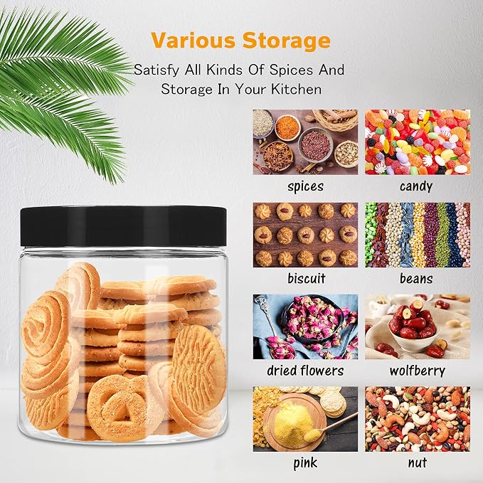 Hajoyful Plastic Jars with Lids 8 oz & 14 oz 24Pcs Clear Plastic Slime Storage Jars Containers with Airtight Leak Proof Black Screw On Lids Cylinder Clear Round Jar Food Grade Durable Jar