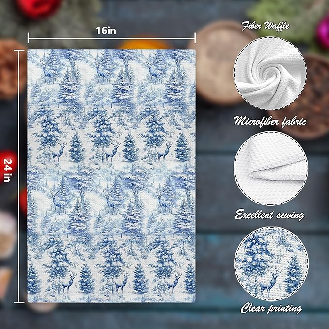 Christmas Blue Winter Forest Reindeer Decor Kitchen Dish Tea Towels,Blue and White Farmhouse Reindeer Deer Animal Decor Decorative Hand Towel for Bath Room Washroom Restroom, 16x24 Inch