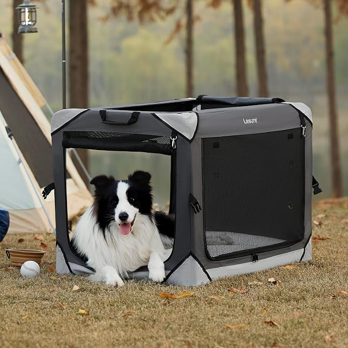 Lesure Portable Collapsible Dog Crate for Large Dogs, 36in Charcoal Grey | Soft Travel Camping Pet Kennel, 4-door, Indoor and Outdoor Use, Easy Set Up and Fold, For Large Breeds Up to 70lbs