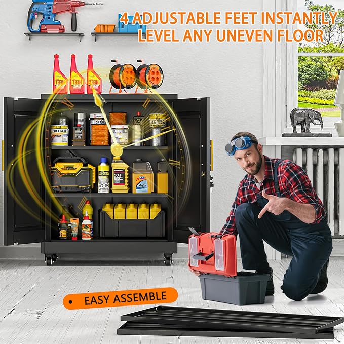 Small Metal Storage Cabinet with Wheels, Lockable Tool Cabinet with Doors | 2 Adjustable Shelves, Locking Doors, Magnetic Closure, Rolling Base, Compact 27.6-Inch Width, Cold-Rolled Steel
