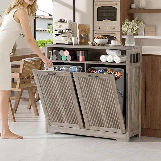 Pet-Proof Double 13 Gallon Tilt Out Trash Can Cabinet with Open Storage – Hide Garbage & Recycling Bins to Keep Your Kitchen Clean and Organized,Wood Grey