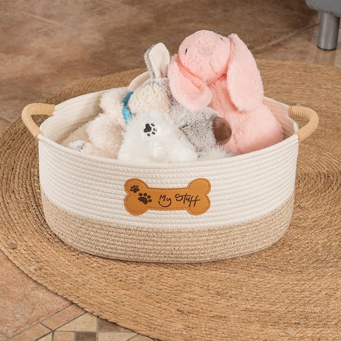Dog Toy Basket|Cotton Rope Dog Toy Bin With Handle, 17.5"L×11.8"W×8"T