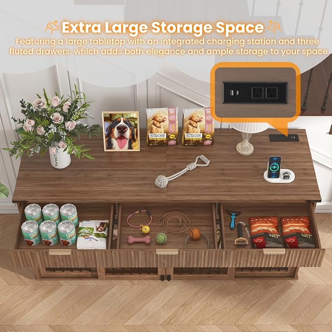 71'' Double Dog Crate Furniture, Large Dog Kennel Indoor with 360° Rotating Feeders and Removable Divider, XXL Wooden Dog Cage with Charging Station, Dog House TV Stand for Large Dog, Walnut