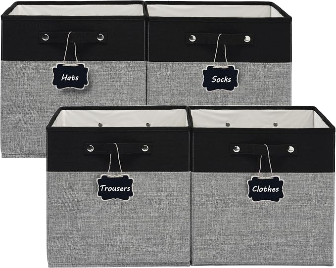 FinishingBo 13 inch Cube Storage Bins with Handles 4 Pack | Foldable Linen Storage Baskets, Closet Organizers, Shelf Baskets, Black Grey