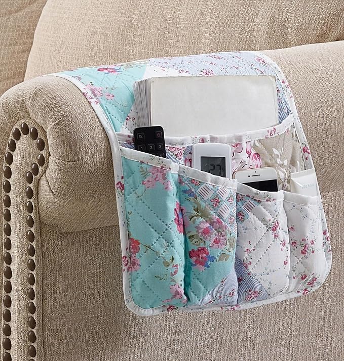 Brilliant Sunshine Blue & Green Roses Couch Armrest Cover, 35"×13" | Washable Magazine Holder, Armrest Organizer & Caddy on Sofa, Recliner, Armchair, Storage for Remote Controls, Phone, iPad