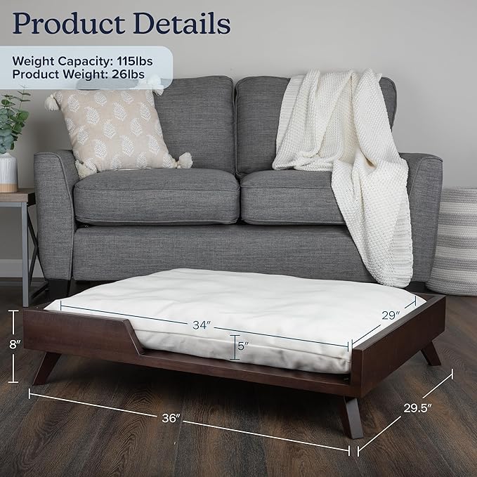 PETMAKER Indoor Elevated Dog Bed, Dark Brown, 36” x 29.5” | Medium Dog Bed with Solid Wood Frame and Soft Cushion, Mid-Century Modern Raised Pet Furniture for Medium to Large Pets