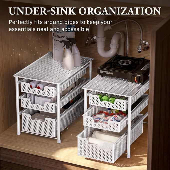 Simple Houseware 3 Tier White Alloy Steel Sliding Basket Organizer Drawer Cabinet | 3 Tier White Alloy Steel Sliding Basket Organizer Drawer Cabinet