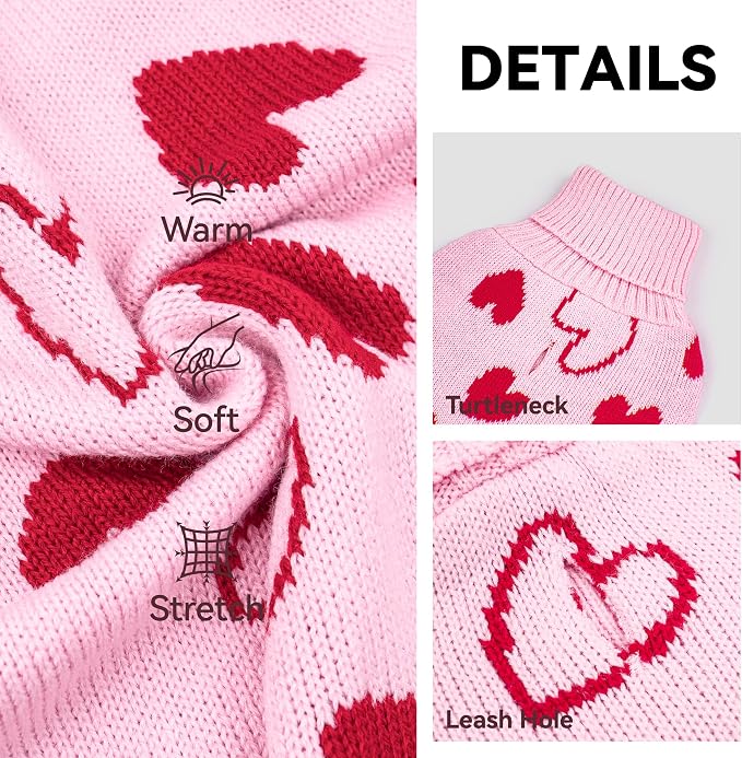 cyeollo Valentines Dog Sweater, Turtleneck Pullover Heart Print Outfit