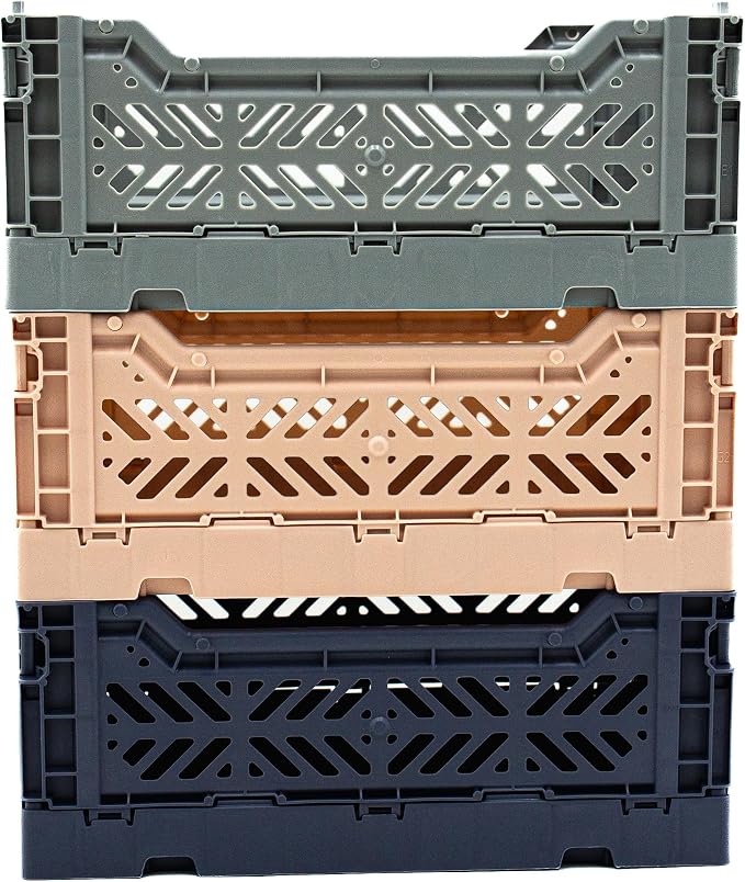 Collapsible Storage Box, Foldable Crate Organizer Bin with Handle, Stackable Crates for Home Organization (Gray-MilkTea-Navy, 4L - 3-Pack)