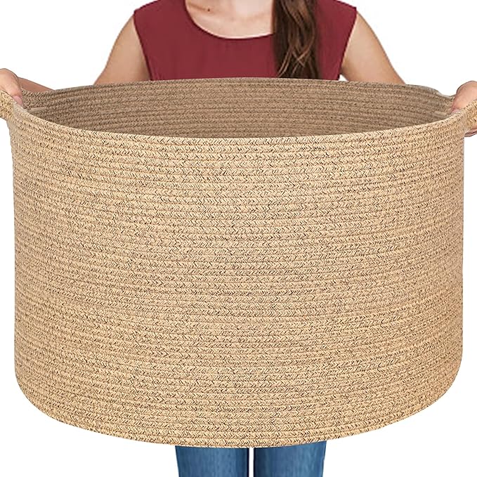 Extra Large Storage Basket, 22”x14” Woven Cotton Rope Basket, Big Kids Dog Floor Toy Bin, XXL Blanket Pillow Holder for Living Room Bedroom, Brown Variegated Round Baskets for Organizing