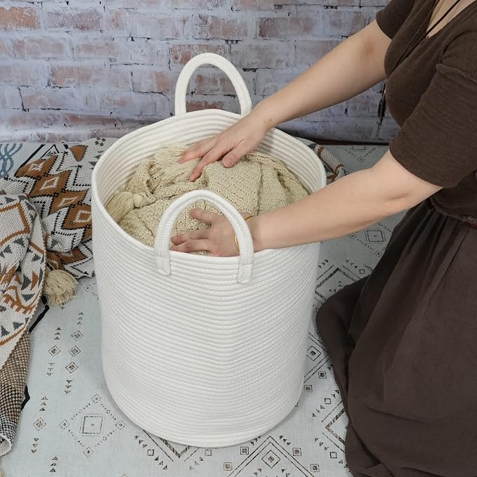 XUANGUO White Cotton Rope Laundry Basket Hamper for Clothes Large | Baby Nursery Hamper Bin Decorative Woven Storage Basket for Living Room Bedroom Boho Tall Rope Baskets for Blanket Toys