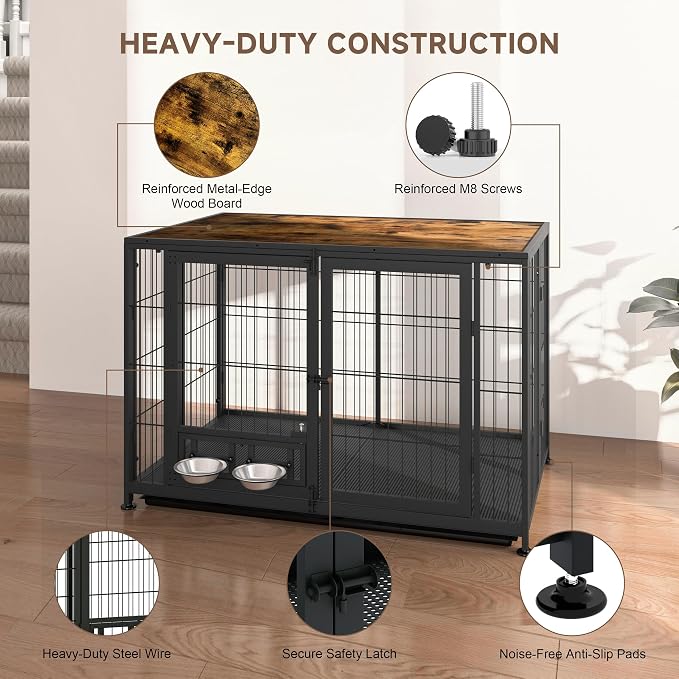 43.3" Heavy Duty Large Dog Crate with Wheels & Feeding Bowls, 3 in 1 Foldable Extra Large Dog Kennel & Playpen, Indestructible Escape-Proof Metal for Large Dogs, Indoor Outdoor, Rustic Brown