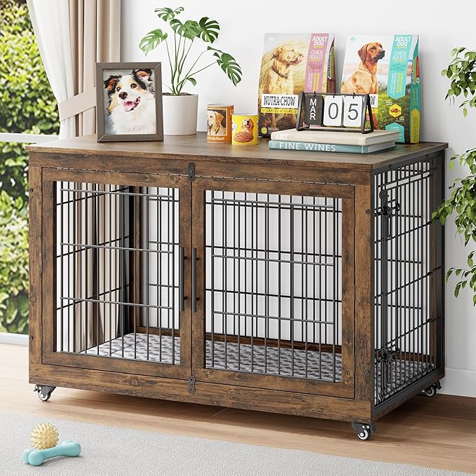 YaFiti Dog Crate Furniture, 44" Wooden Dog Kennel, 2 Pack, Rustic Brown | Cushion, Wheels, Double Doors, for Large Dogs, Up to 85 lb, Furniture Style, Side End Table, Decorative Pet Cage House