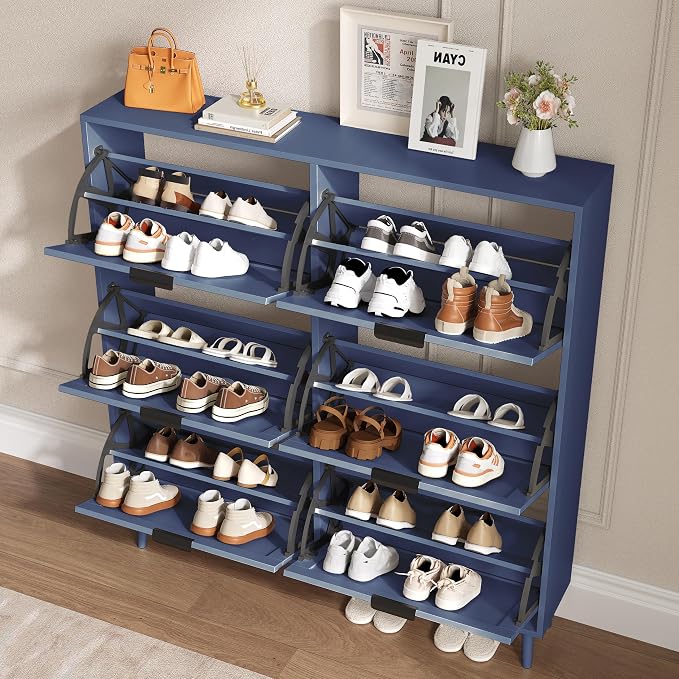 BORNOON Shoe Cabinet for Entryway with 6 Flip Drawers, Slim Wooden Shoe Storage Organizer with Modern Fluted Pannel，Freestanding Narrow Hidden Shoe Rack for Hallway, Foyer, Living Room