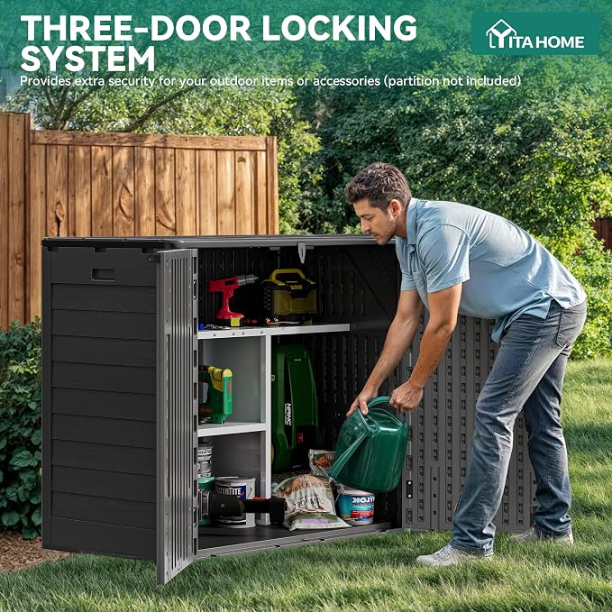 YITAHOME 30 Cu Ft Outdoor Storage Shed, Waterproof Storage Cabinet for Bike & Garden Shed, Horizontal Outdoor Storage Shed for Garage, Pool Storage, Dark Gray & Black