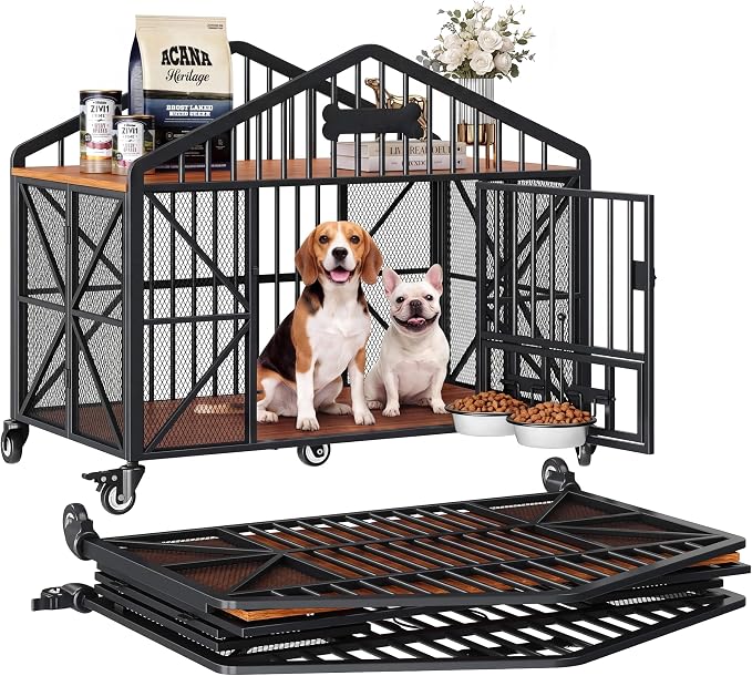 IRONCK 41.5" Foldable Dog Crate Furniture with 5 Wheels & Rotating Bowls | No assembly. 5-wheel base. 2 rotating bowls. For medium Dogs. 41.5"L x 24.8"W x 35.1"H. Rustic Brown finish.