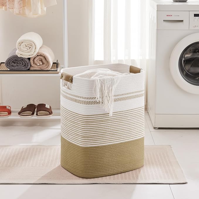 85L Tall Woven Laundry Basket Hamper with Leather Handles,Khaki | collapsible wicker hamper, storage for dirty clothes, toys, blankets, gifts, living room, bedroom, bathroom, 17"x14"x22"