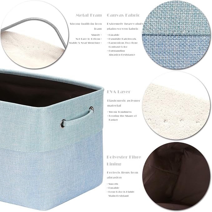 Sea Team Large Rectangle Canvas Open-Top Storage Baskets, 3-Pack | Collapsible Fabric Storage Bins with Handles, Closet Shelf Organizers, 15 x 10 x 10 Inches, Babyblue & Mint