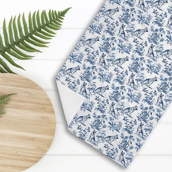 Chinoiserie German Shepherd Kitchen Towels, Blue and White Floral Botanical Grandmillennial Dog Decor Dish Tea Towels, German Shepherd Gifts Hand Towels for Kitchen Bathroom, 16x24 Inch